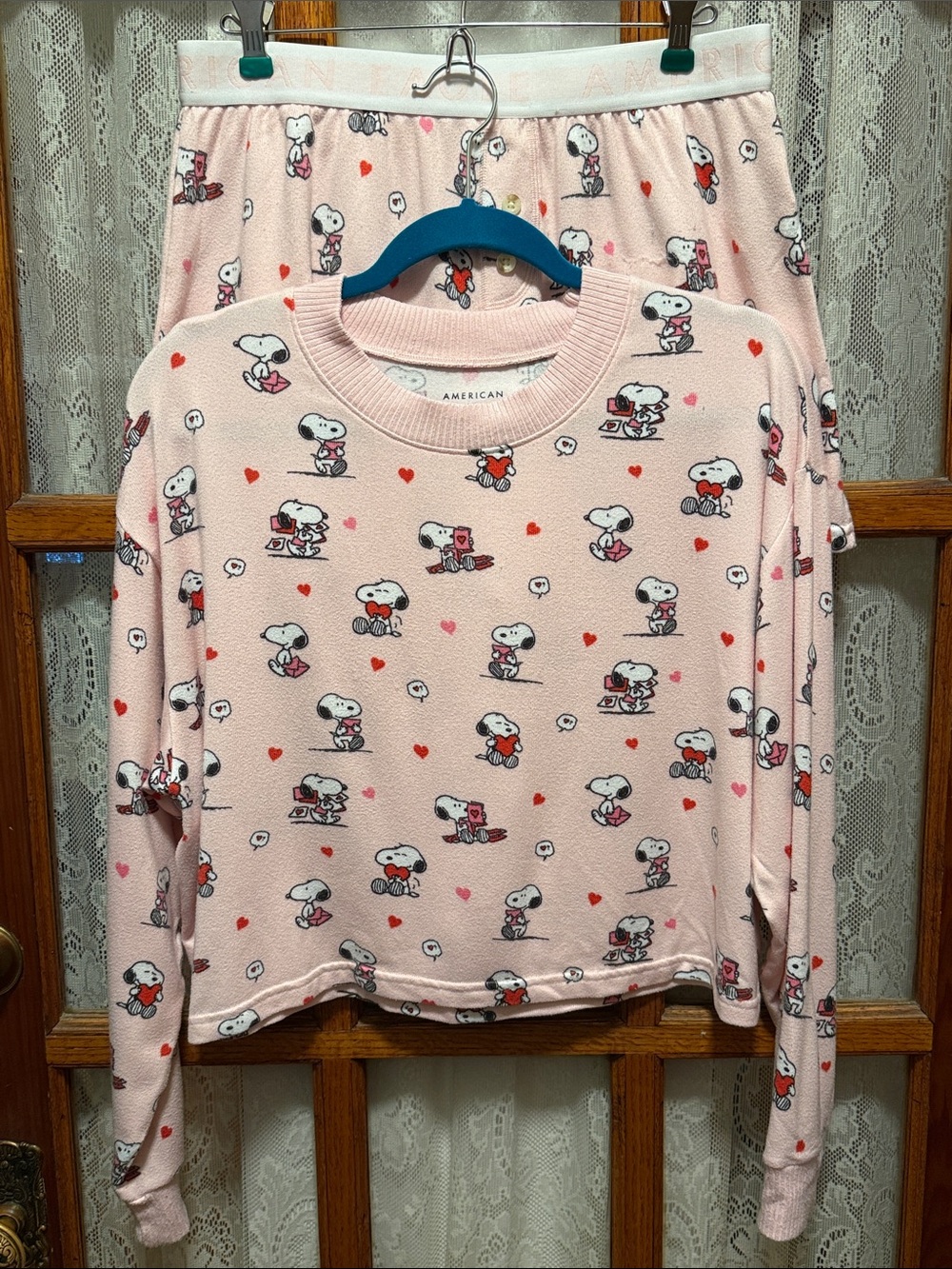 American Eagle Outfitters Pink Snoopy Heart Pajama Set